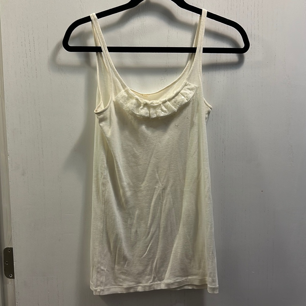 J.Crew Beige Cotton Tank w Silk ruffle Embellishments. Sequins also on silk SZ M